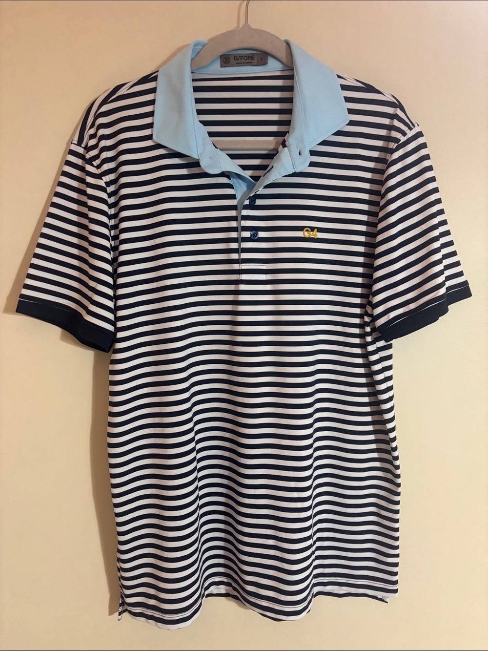 G/FORE Men's Striped Polo Shirt - Light Blue Collar, Navy & White - Sz L